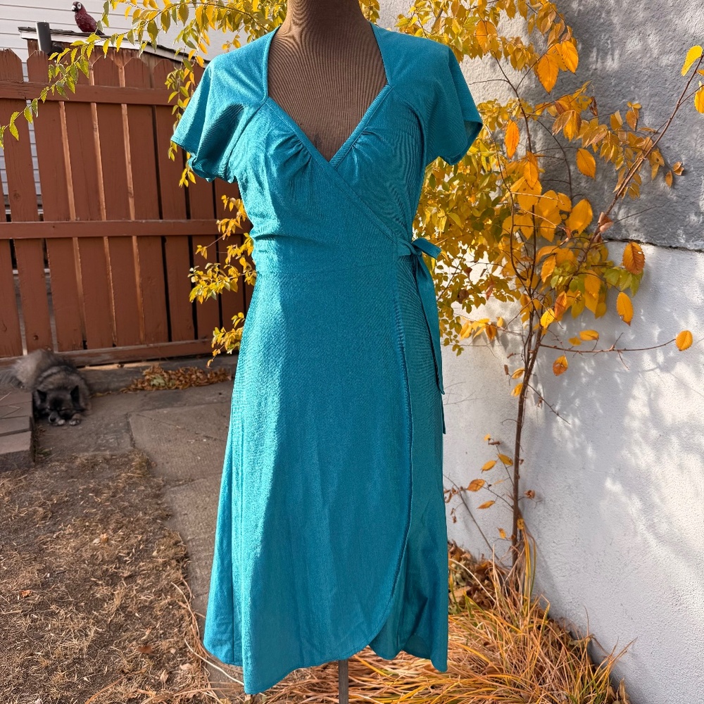Vintage Teal Wrap Midi Dress with Tie Waist